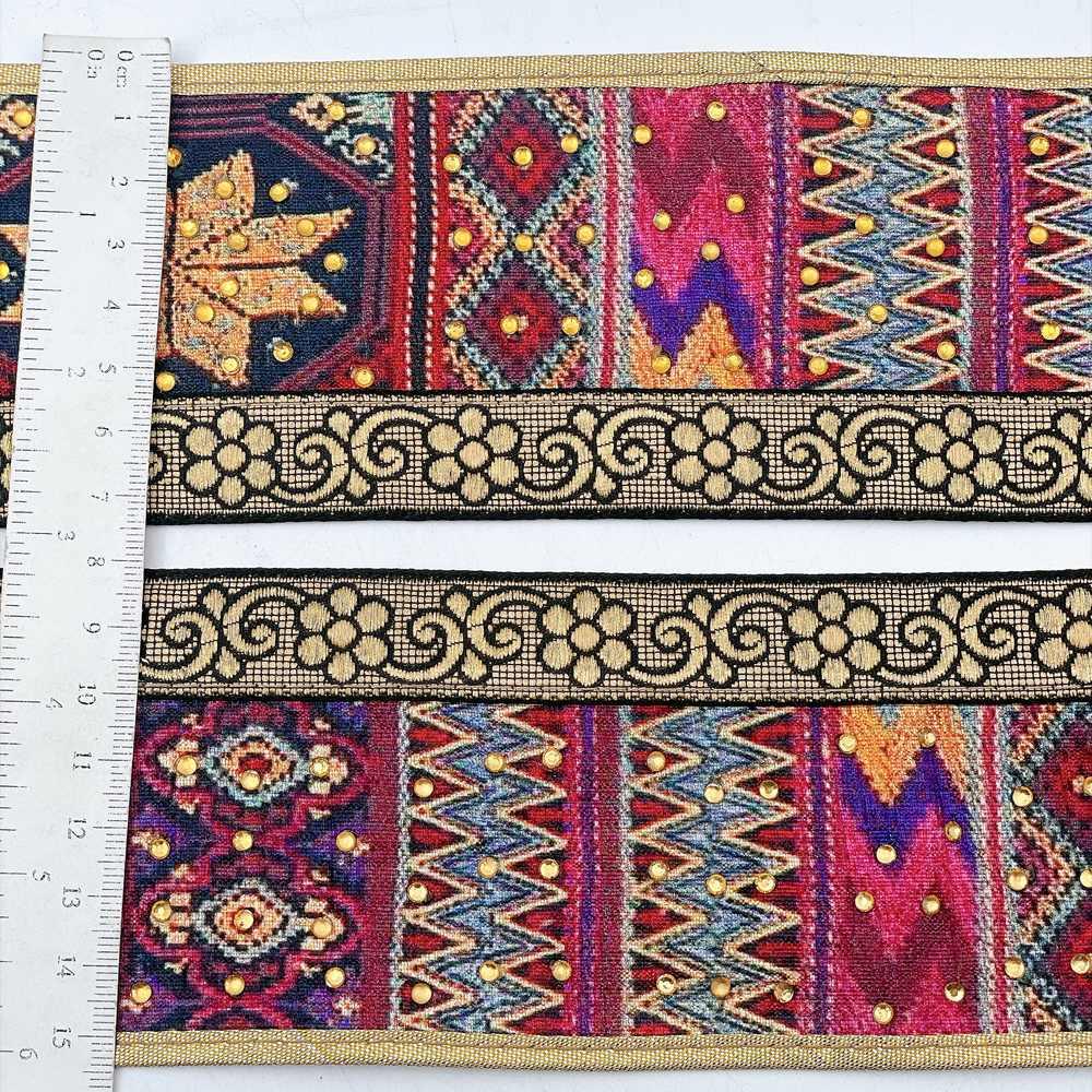 75mm Kutchi Geometric Jacquard Ribbon Trim with Stone Work - Gold Zari Border for Ethnic Wear, view 1
