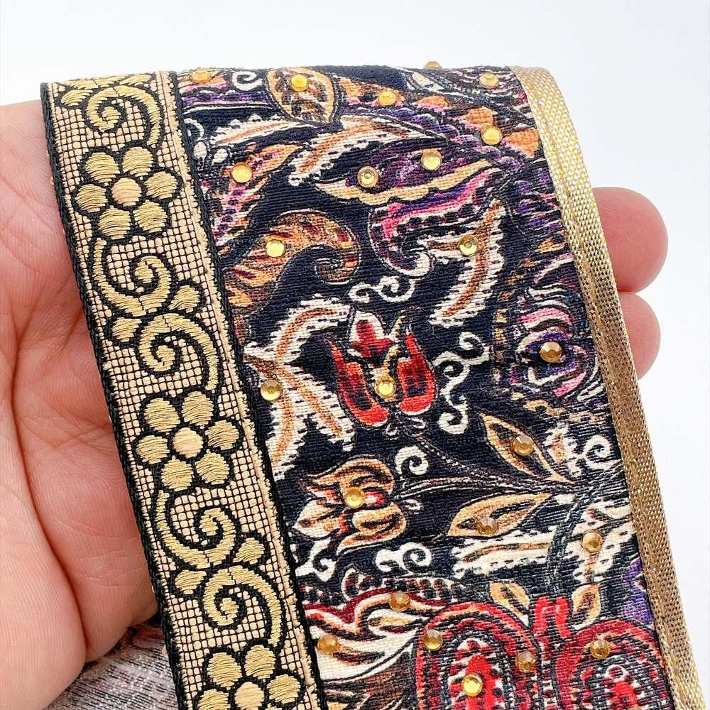 75mm Vintage Floral Tapestry Jacquard Ribbon Trim with Stone Work - Gold Zari Border for Ethnic Wear, shown on white cotton