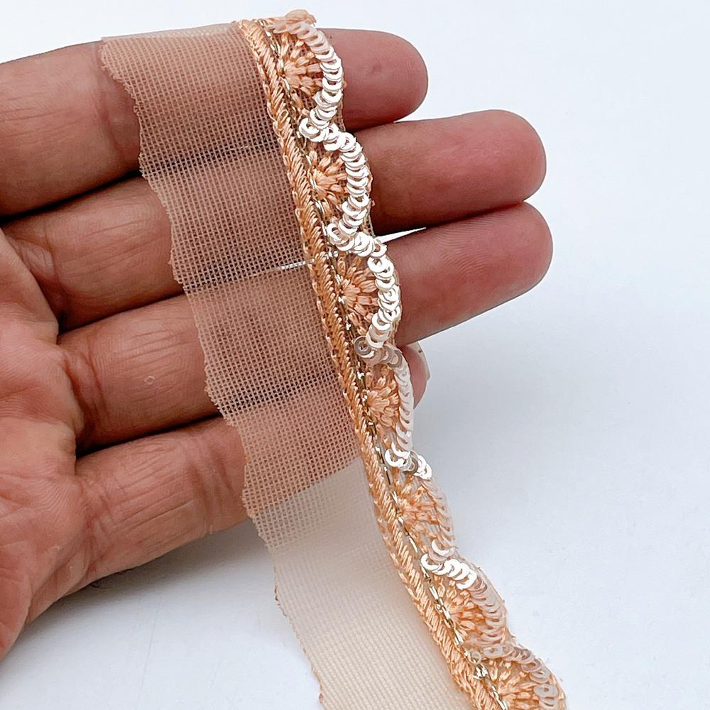 12mm Embroidered Net Scallop Lace Trim - Sequin & Zari Floral Border for Ethnic Wear, shown on white cotton