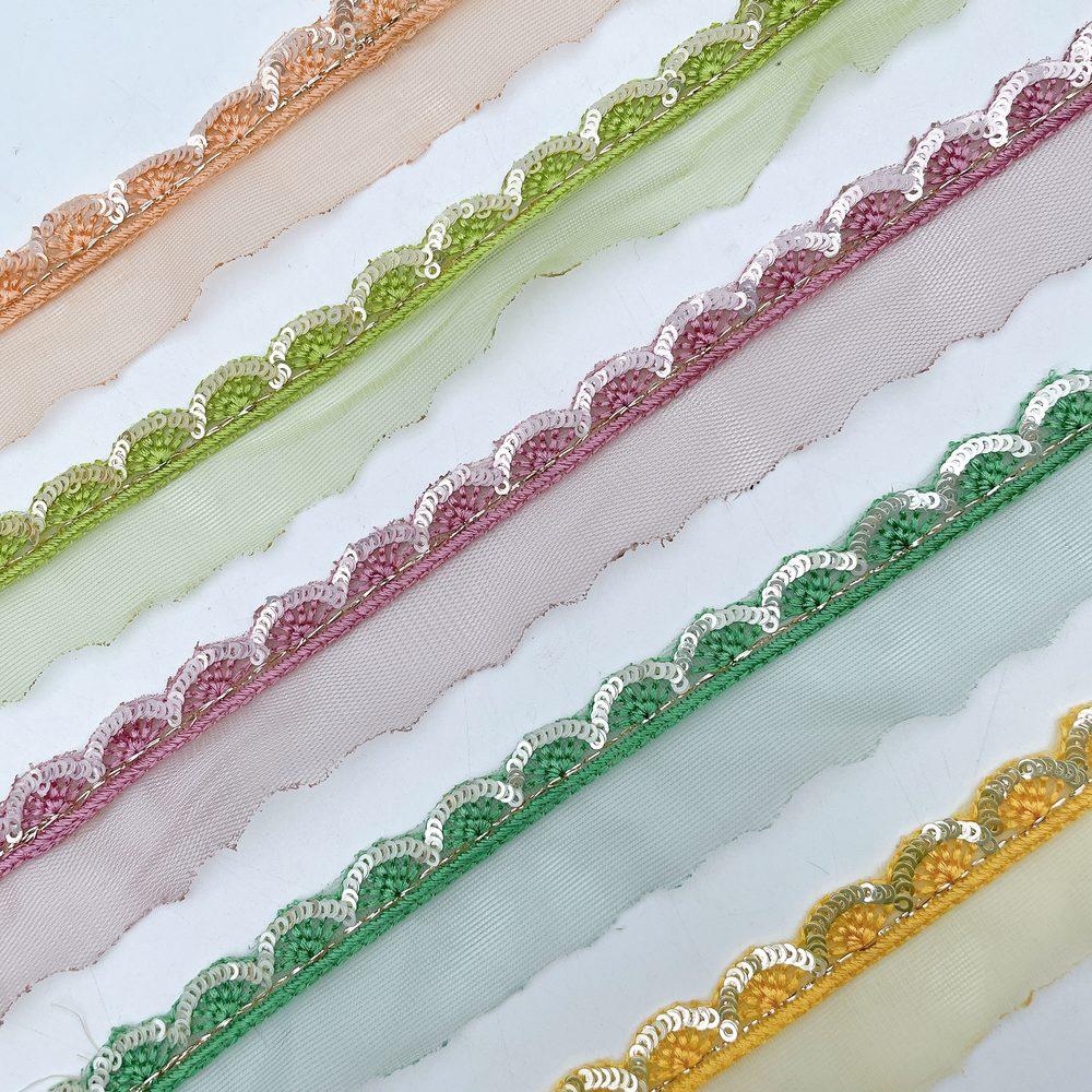 12mm Embroidered Net Scallop Lace Trim - Sequin & Zari Floral Border for Ethnic Wear, view 5