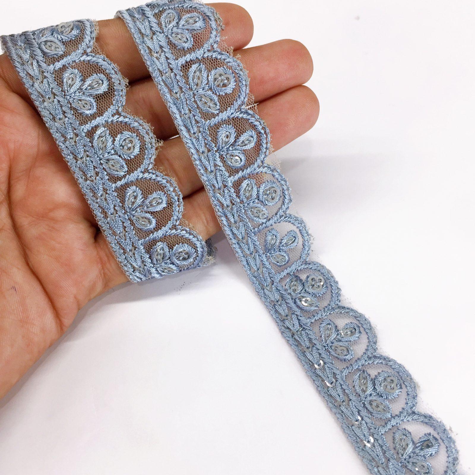 25mm Jute Flower Design Embroidery Cutwork lace with Matching Sequins Work Border, shown on white cotton