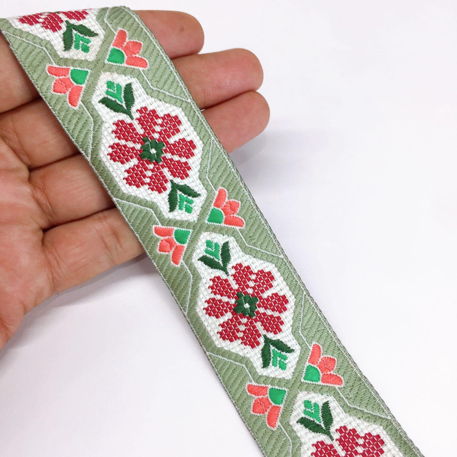 35mm Jacquard Woven Flower Design Traditional, shown on white cotton