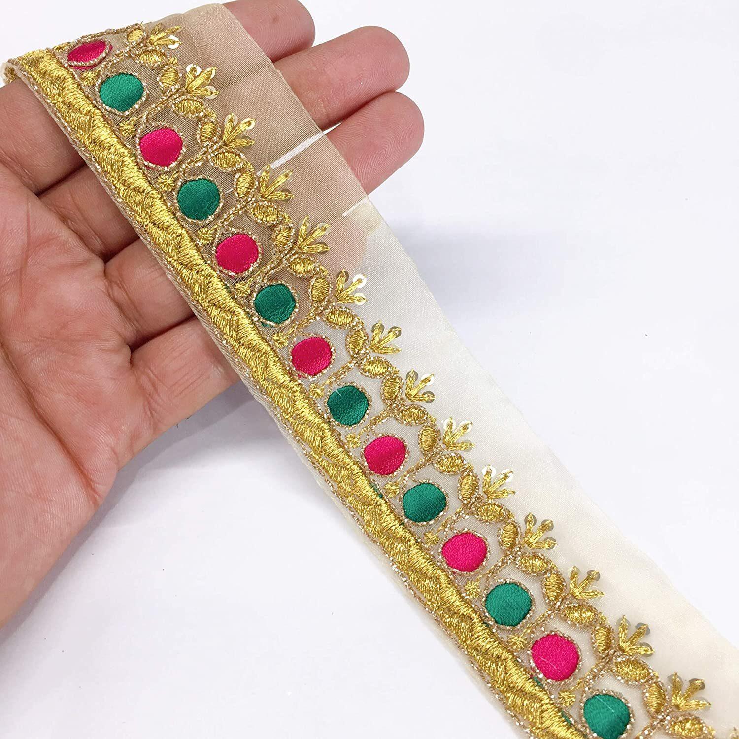 40mm Designer Embroidery Work, Golden Dori Work and Sequins Work, shown on white cotton