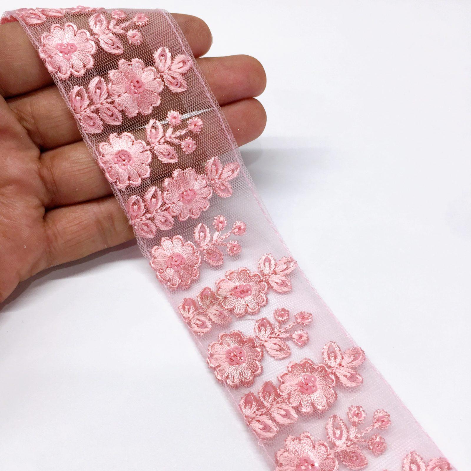 40mm Flower Design Embroidery lace with Flower Matching Sequins Work Border, shown on white cotton