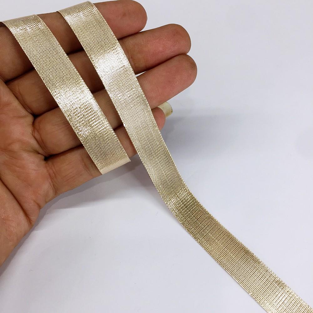 12 mm Metallic Shiny Plain Gota Ribbon, shown on white cotton