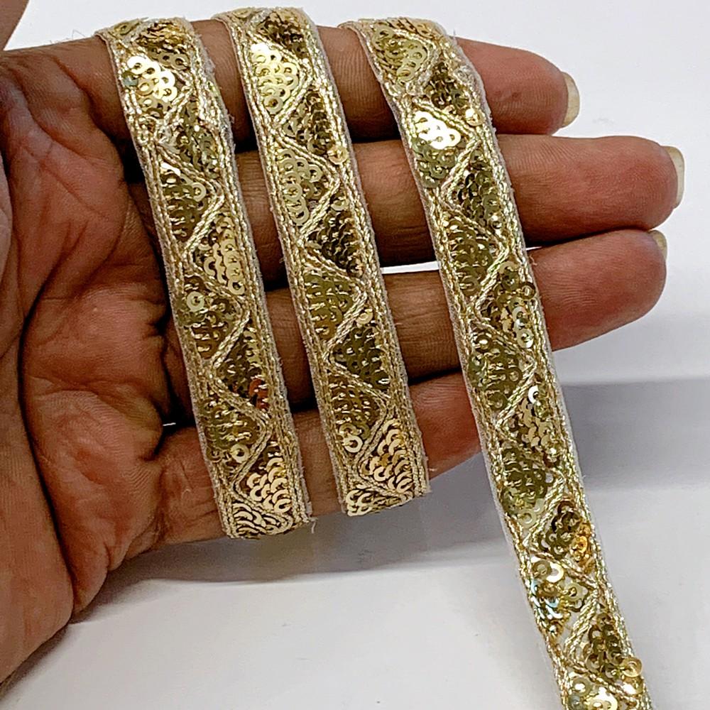 13mm Designer Embroidery Lace With Sequins And Dori Work, shown on white cotton