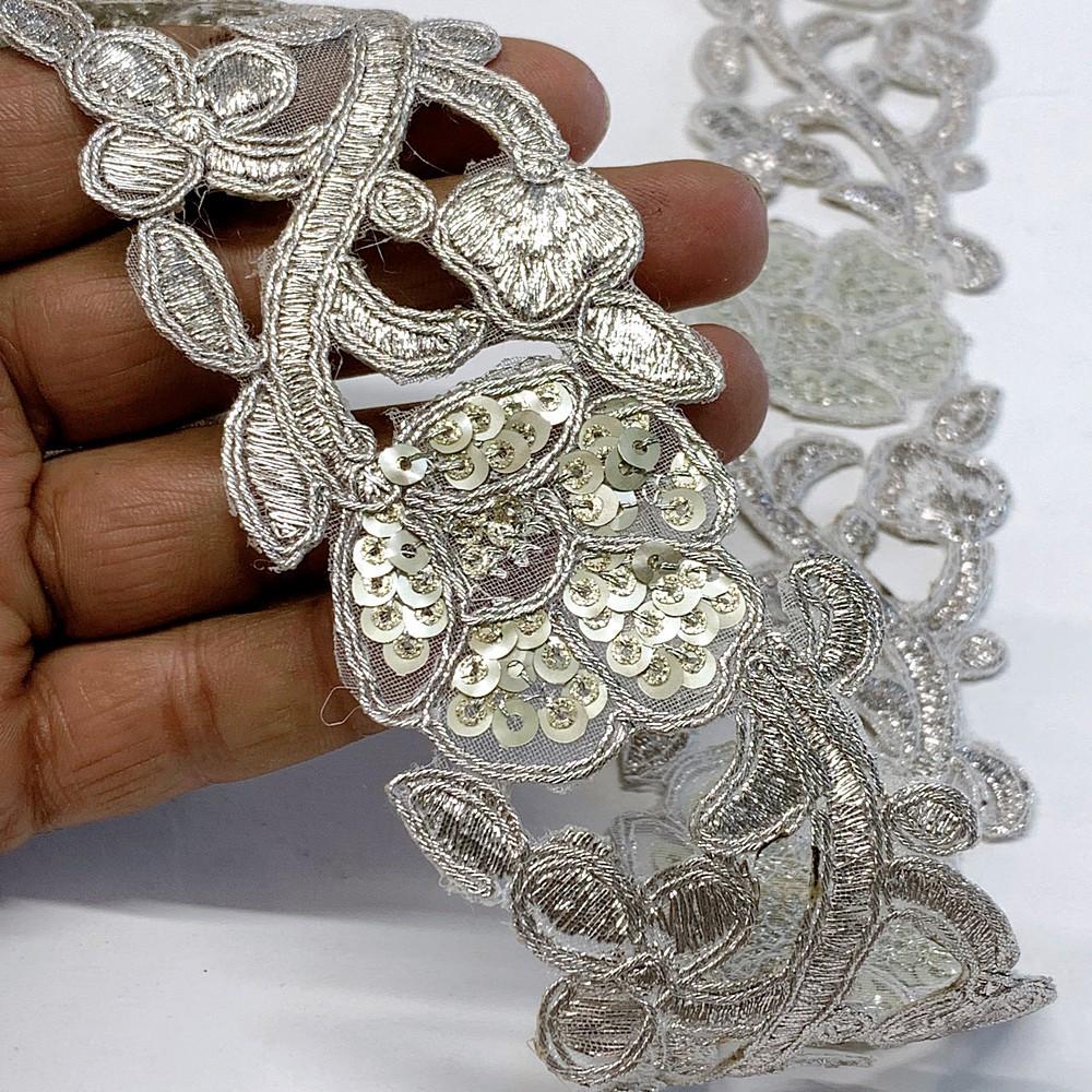 48mm Designer Cutwork Embroidery Lace With Sequins And Dori work, shown on white cotton