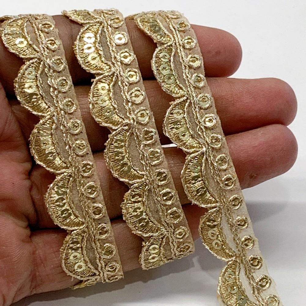 16mm Designer Cutwork Embroidery Lace With Sequins And Dori Work, shown on white cotton