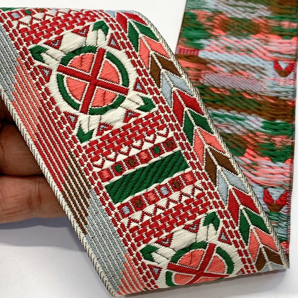 66 mm Geometrical ColourFul Jacquard Ribbon, shown on white cotton