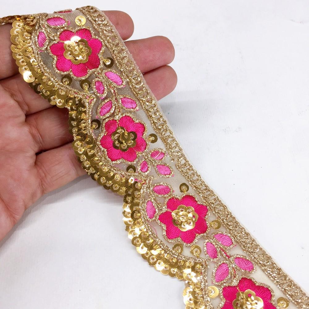 46 mm Designer Cutwork Embroidery Lace With Sequins and Dori Work, shown on white cotton
