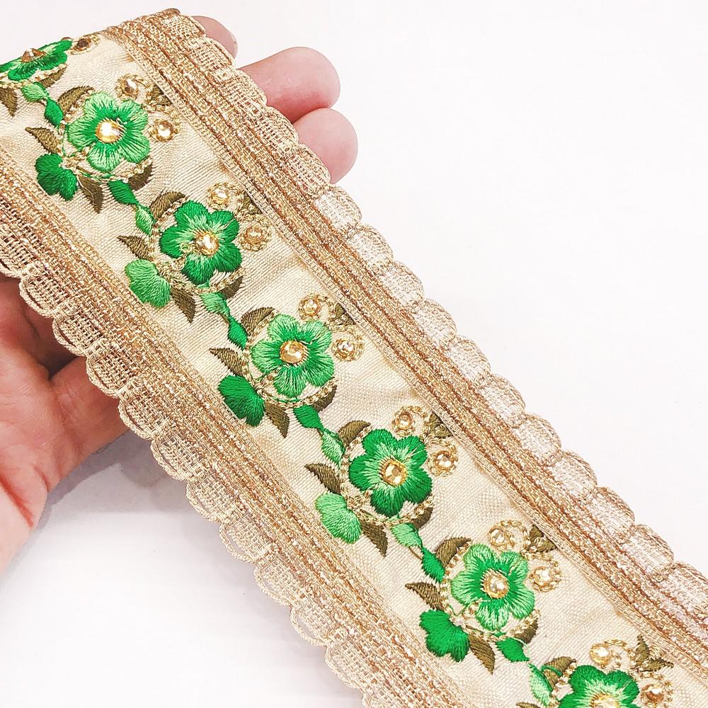 65mm Designer Embroidery Lace With Stone Work, shown on white cotton