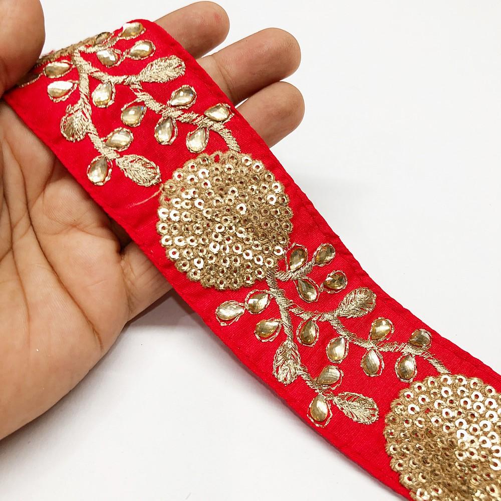 50mm Round Sequins Work Design Embroidery Lace With Stone Work, shown on white cotton