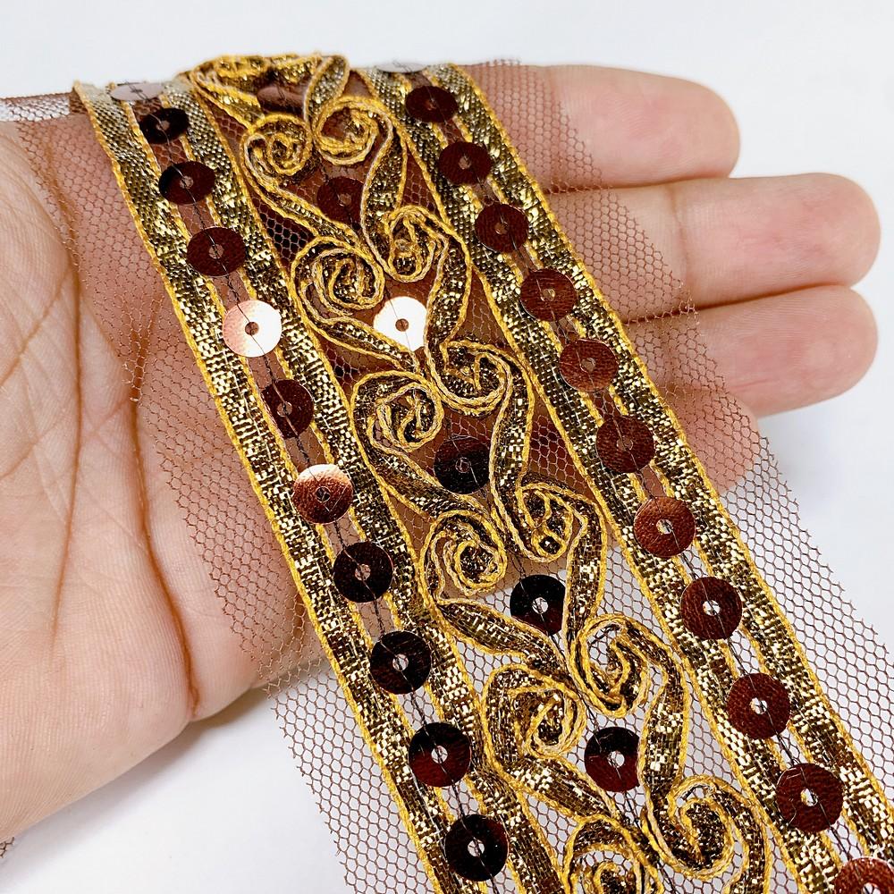 64 mm Designer Embroidery Lace With Sequins Work, shown on white cotton