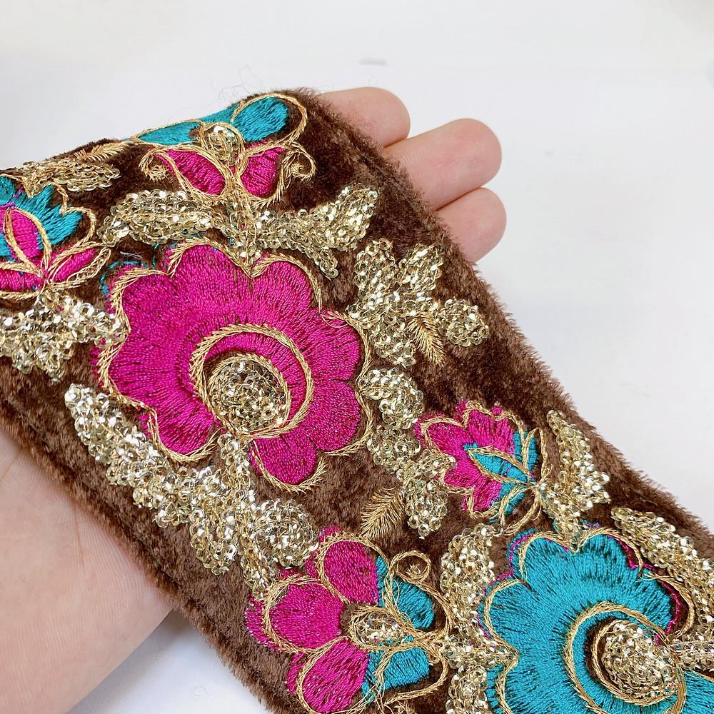 95mm Designer Velvet Embroidery Lace With Sequins Work, shown on white cotton