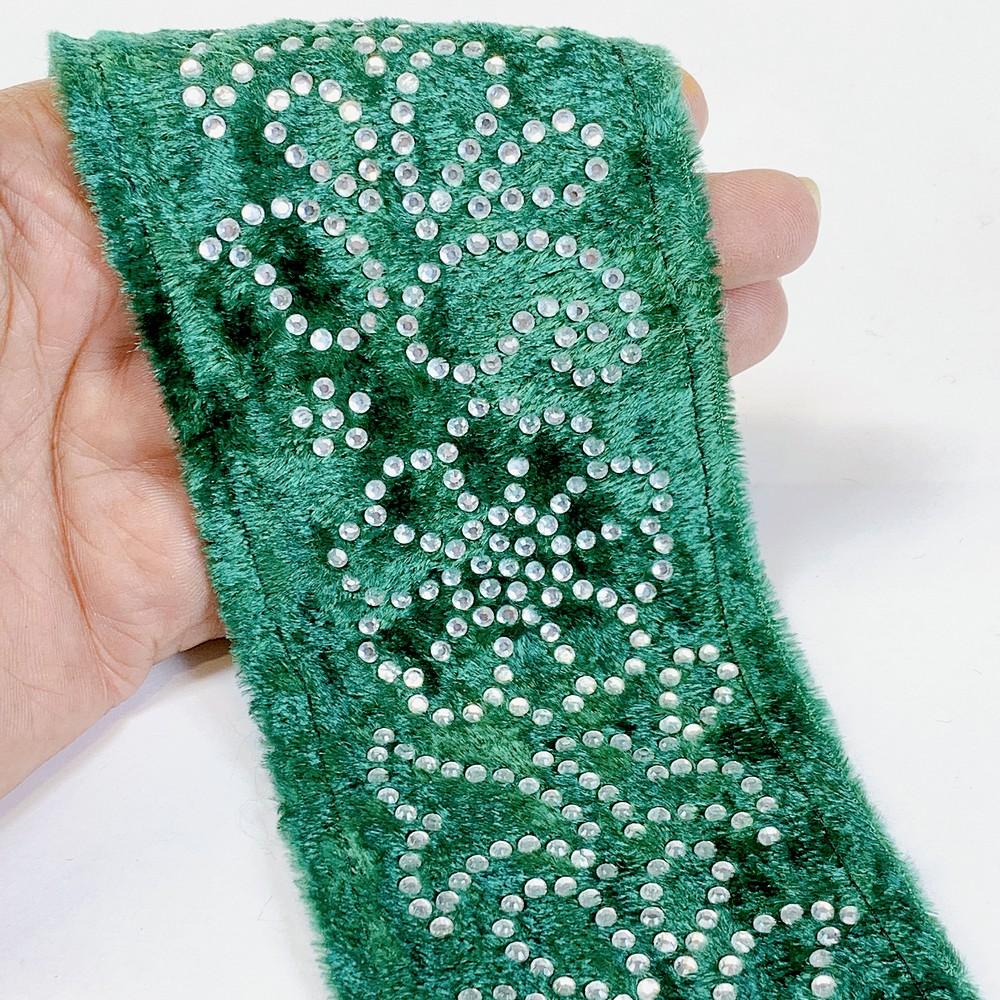 70mm Designer Velvet Lace With Flower Design Stone Work, shown on white cotton