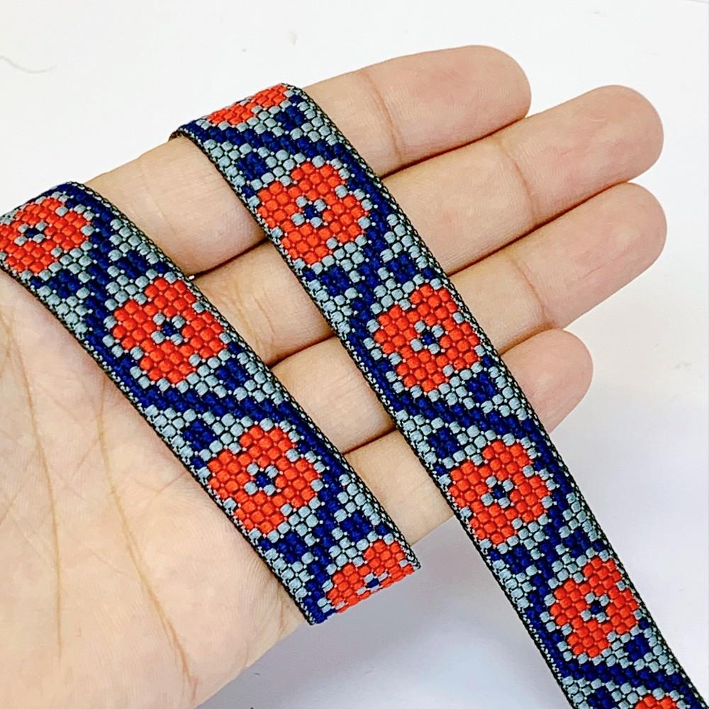 20mm Colorful Cross stich Jacquard Lace, shown on white cotton