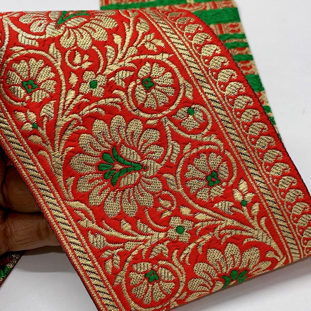 100mm Designer Foral Banarasi Lace, shown on white cotton