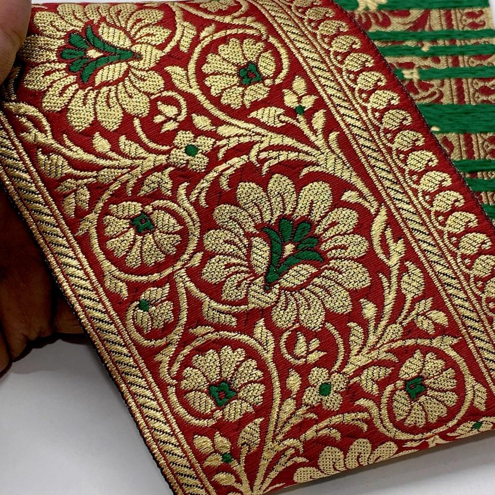 100mm Designer Foral Banarasi Lace, shown on white cotton