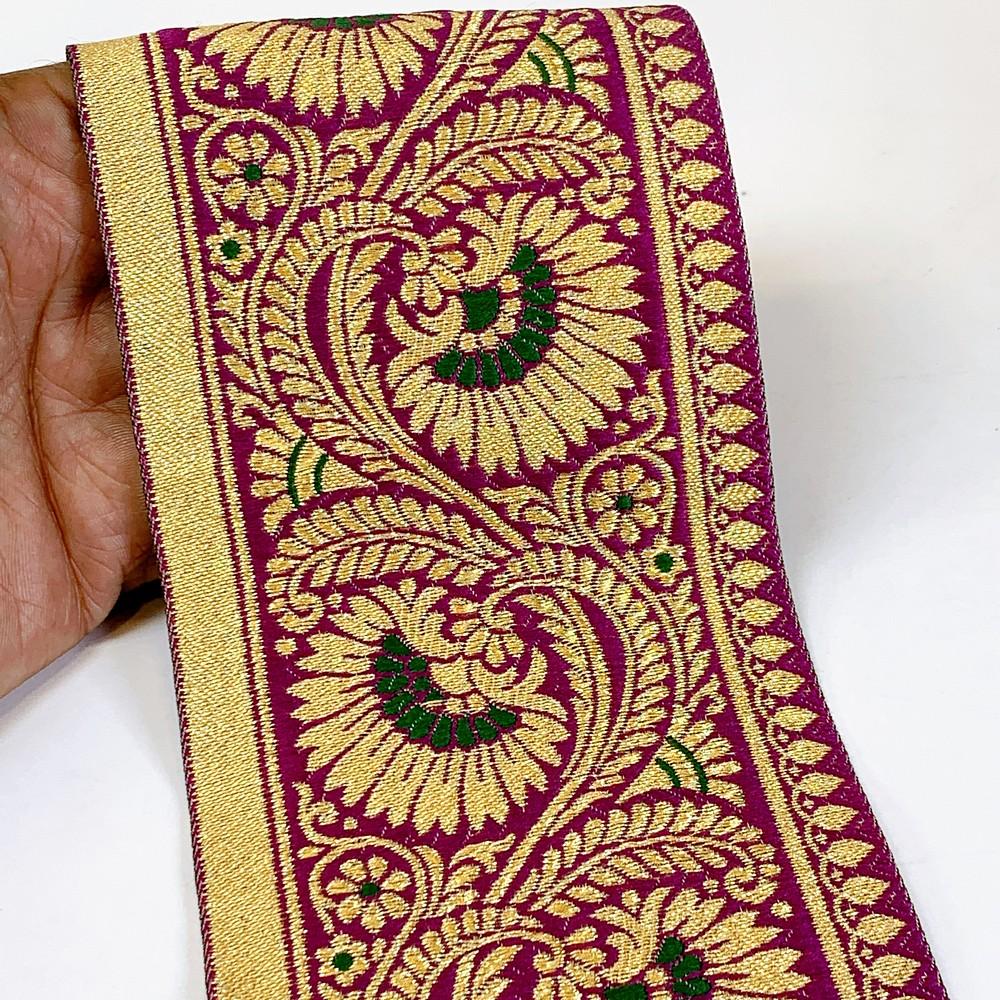 95mm Designer Golden Zari Banarasi Jacquard Lace, shown on white cotton