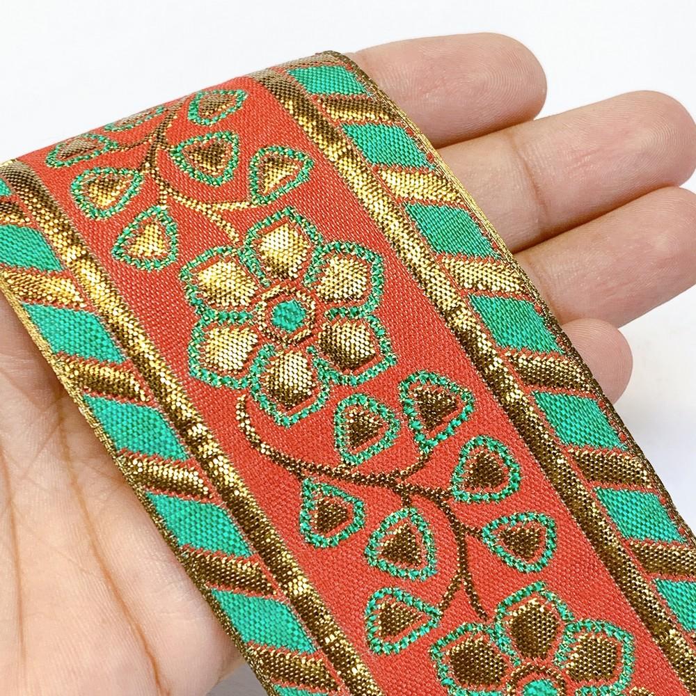 64 mm Designer Gotta Meena Jacquard Ribbons, shown on white cotton
