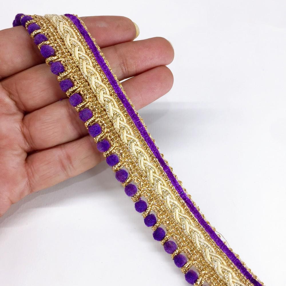 25mm Traditional Multicolor Beaded Pom Pom Crochet Trim, shown on white cotton