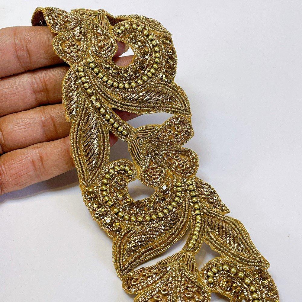 Embroidery Cutwork Border with Jardozi, Sequins & Stone Work – Designer Lace for Sarees, Dupattas & Lehengas, shown on white cotton