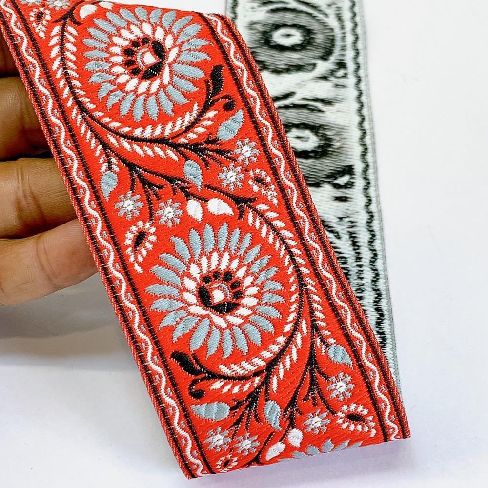 55mm Premium Floral Woven Jacquard Ribbon | Sunflower Motif Ethnic Trim | 2.2-Inch Multi-Color Jacquard Border for Garments, shown on white cotton