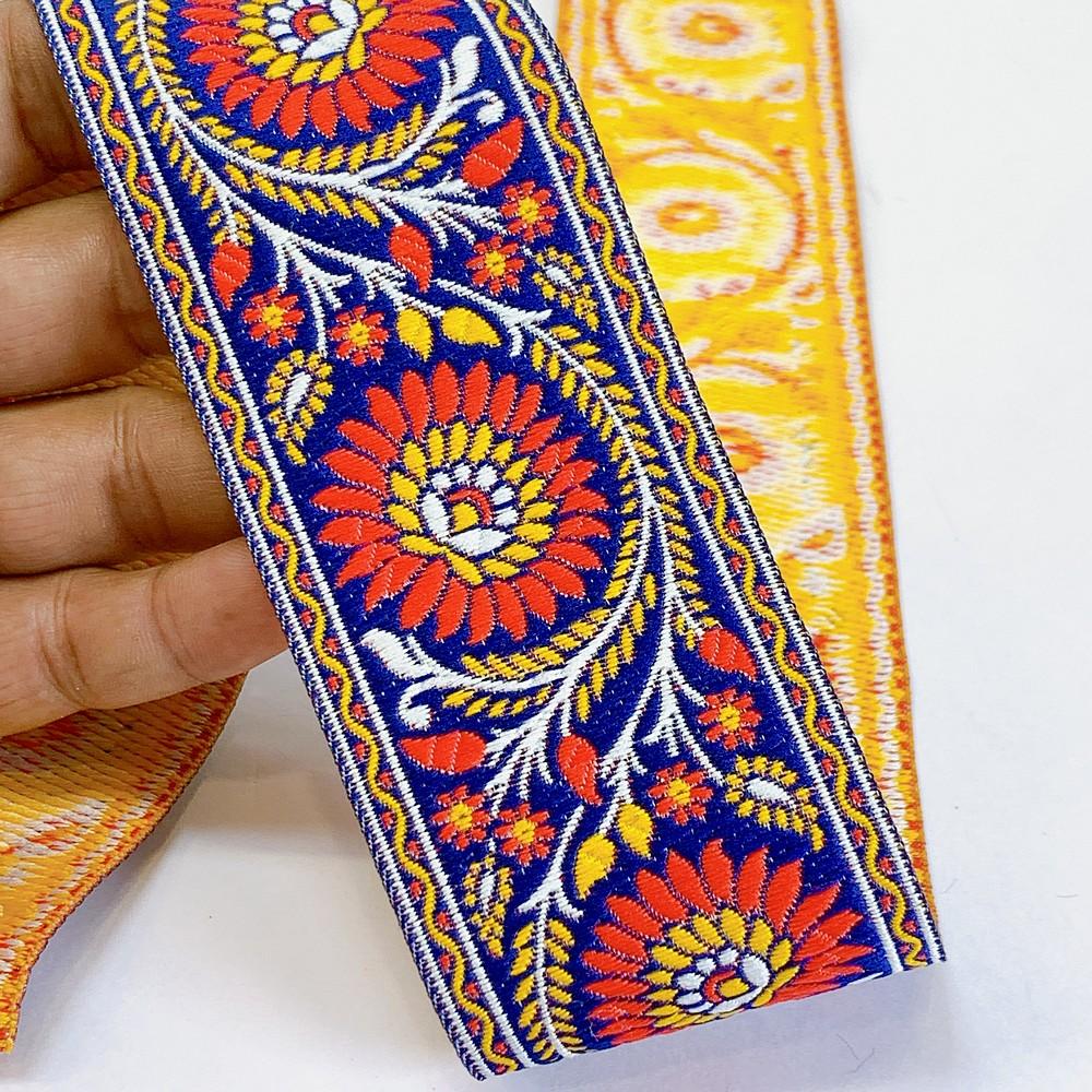 55mm Premium Floral Woven Jacquard Ribbon | Sunflower Motif Ethnic Trim | 2.2-Inch Multi-Color Jacquard Border for Garments, shown on white cotton