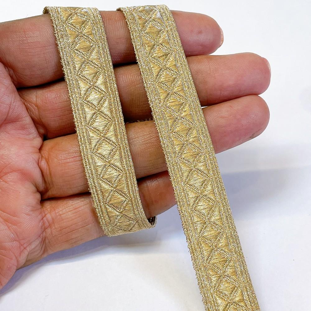 15mm Textured Metallic Diamond Motif Woven Jacquard Ribbon, shown on white cotton