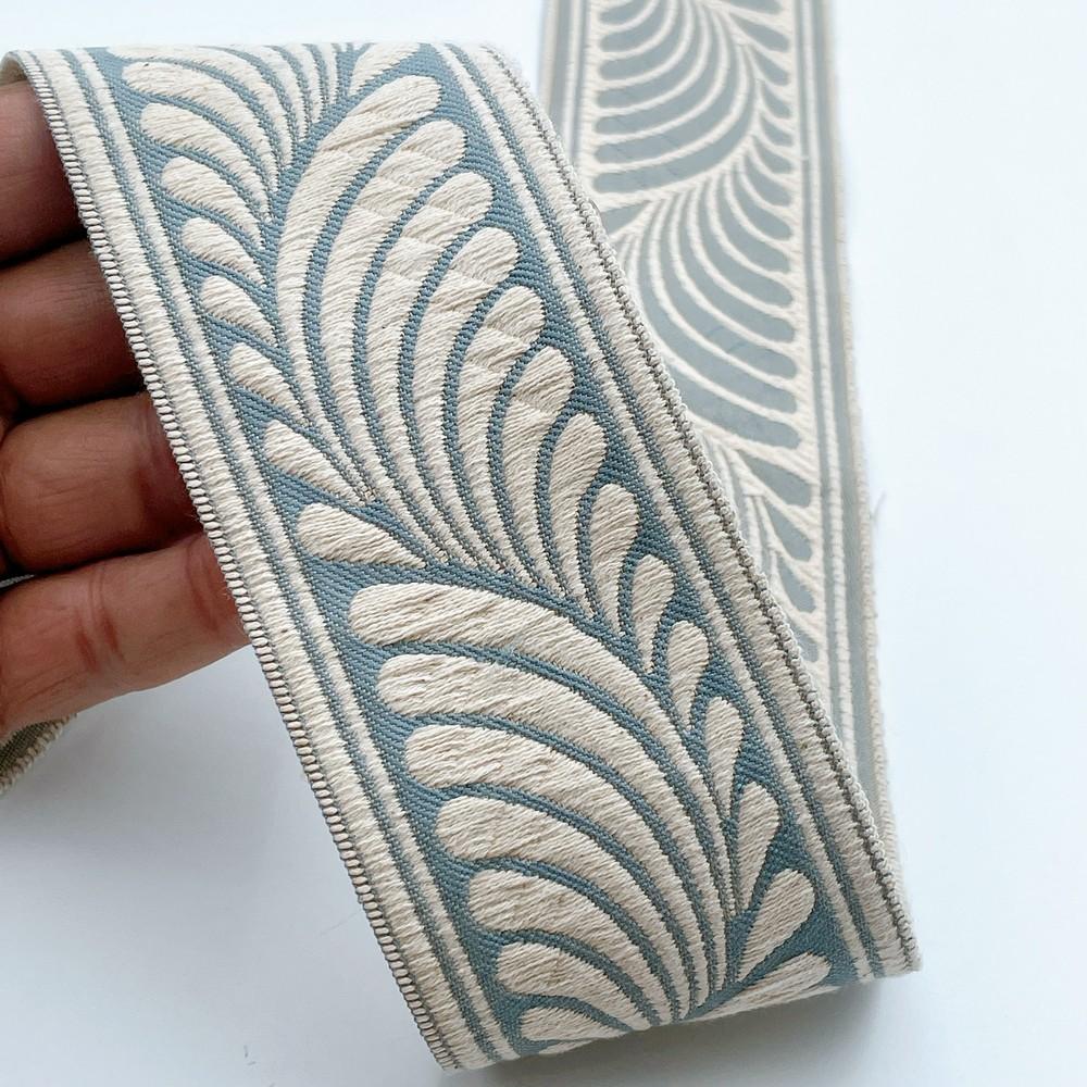 58mm Wide Botanical Leaf Pattern Lace Border for Sewing, Garments, DIY Crafts & Home Decor, shown on white cotton