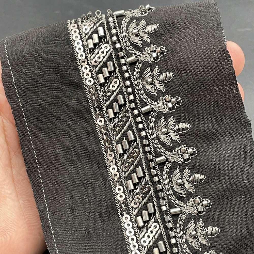 38mm Scalloped Sequin and Cutdana Lace Trim - Embroidered Beaded Border for Evening Wear, shown on white cotton
