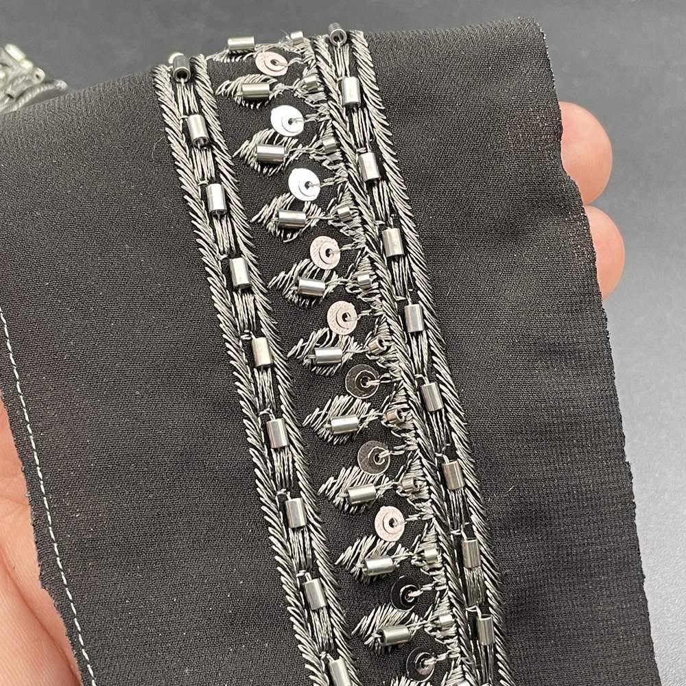30mm Sequin and Cutdana Lace Trim - Heavy Embroidered Border for Evening Wear and Gowns, shown on white cotton