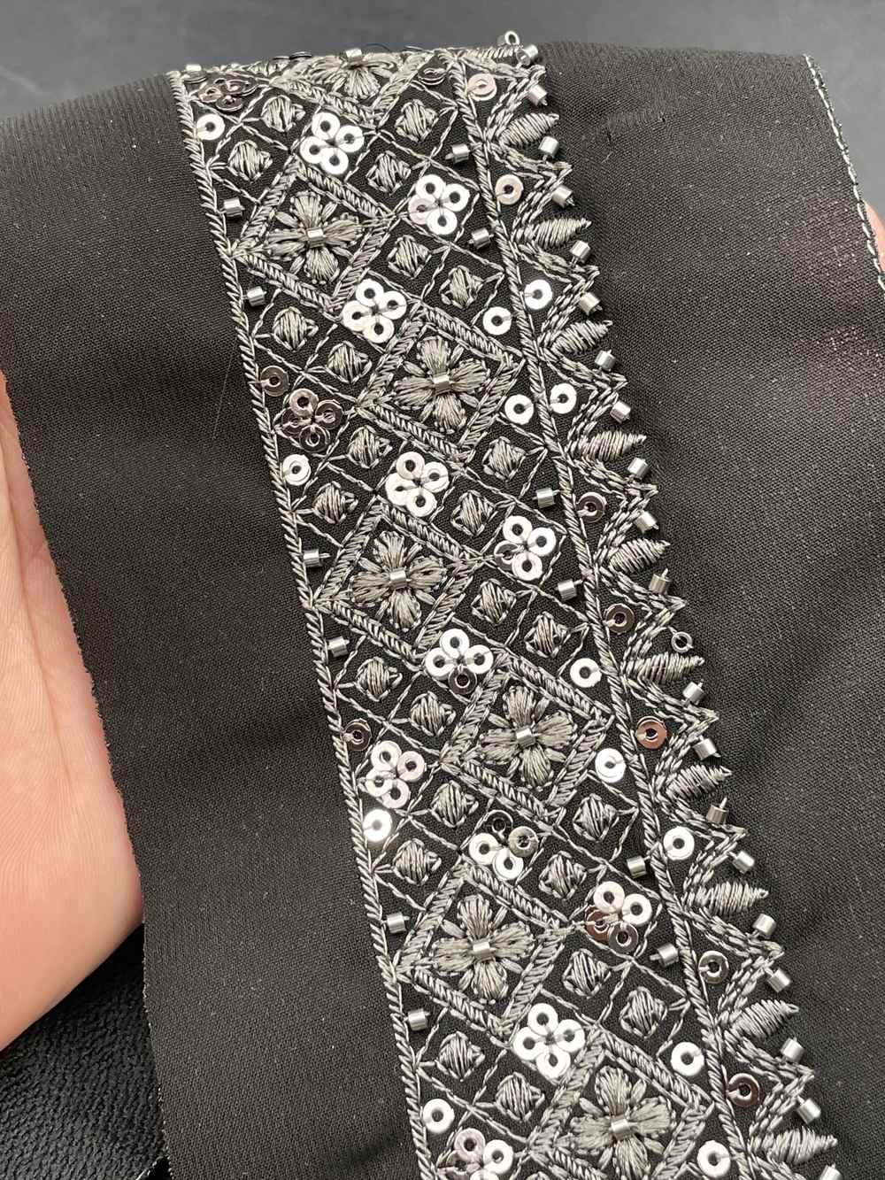 40mm Grid Pattern Cutdana Lace - Wide Beaded Sequin Lattice Trim for Bridal Wear, shown on white cotton