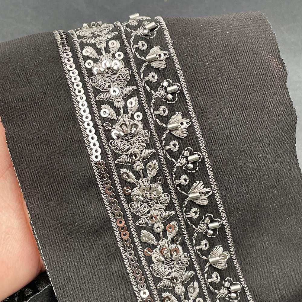 40mm Sequin and Bead Lace Trim - Dual Floral Vine Border for Evening Gowns, shown on white cotton