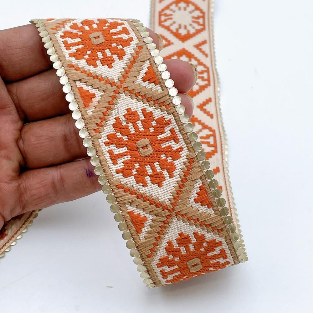 40mm Jacquard Ribbon Trim with Cotton Frill - Woven Geometric Border for Apparel and Crafts, shown on white cotton