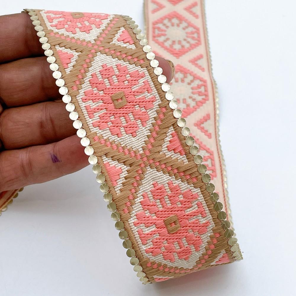 40mm Jacquard Ribbon Trim with Cotton Frill - Woven Geometric Border for Apparel and Crafts, shown on white cotton