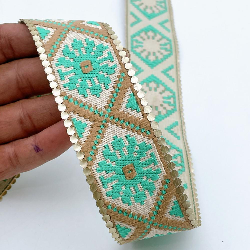 40mm Jacquard Ribbon Trim with Cotton Frill - Woven Geometric Border for Apparel and Crafts, shown on white cotton