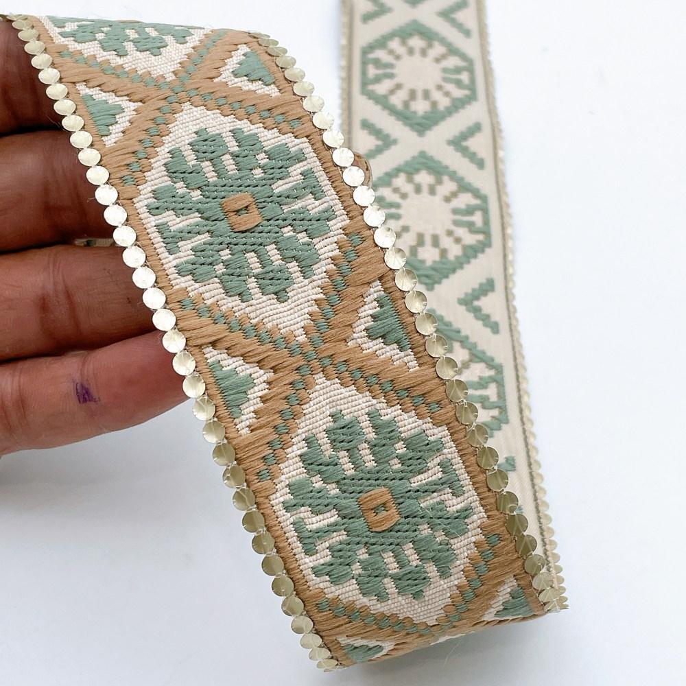 40mm Jacquard Ribbon Trim with Cotton Frill - Woven Geometric Border for Apparel and Crafts, shown on white cotton