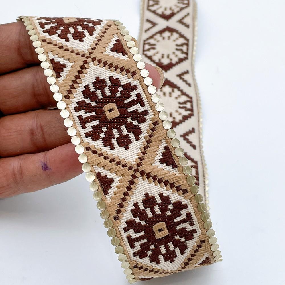 40mm Jacquard Ribbon Trim with Cotton Frill - Woven Geometric Border for Apparel and Crafts, shown on white cotton