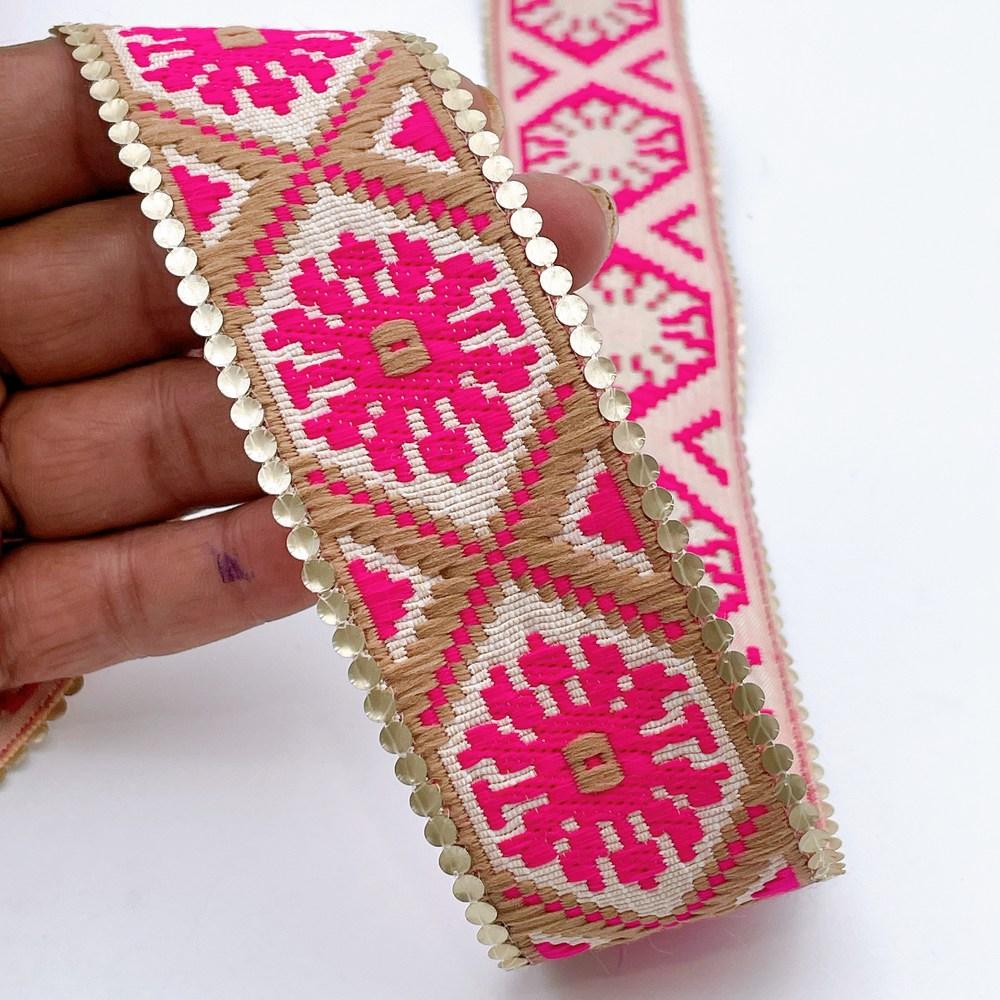 40mm Jacquard Ribbon Trim with Cotton Frill - Woven Geometric Border for Apparel and Crafts, shown on white cotton