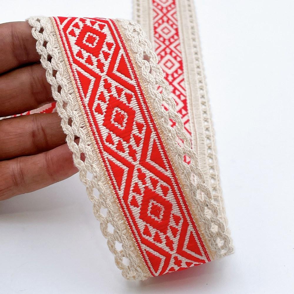 50mm Jacquard Ribbon Trim with Cotton Frill - Woven Geometric Border for Ethnic Wear, shown on white cotton