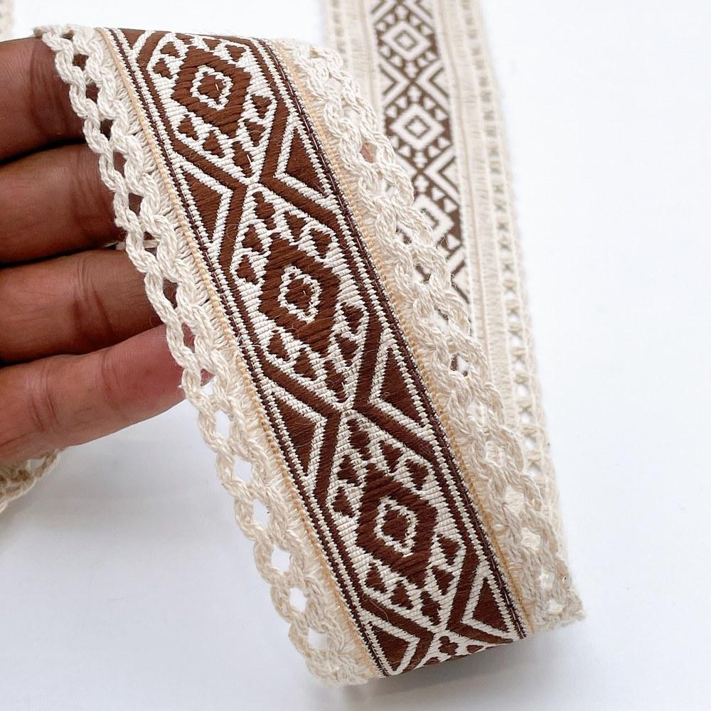 50mm Jacquard Ribbon Trim with Cotton Frill - Woven Geometric Border for Ethnic Wear, shown on white cotton