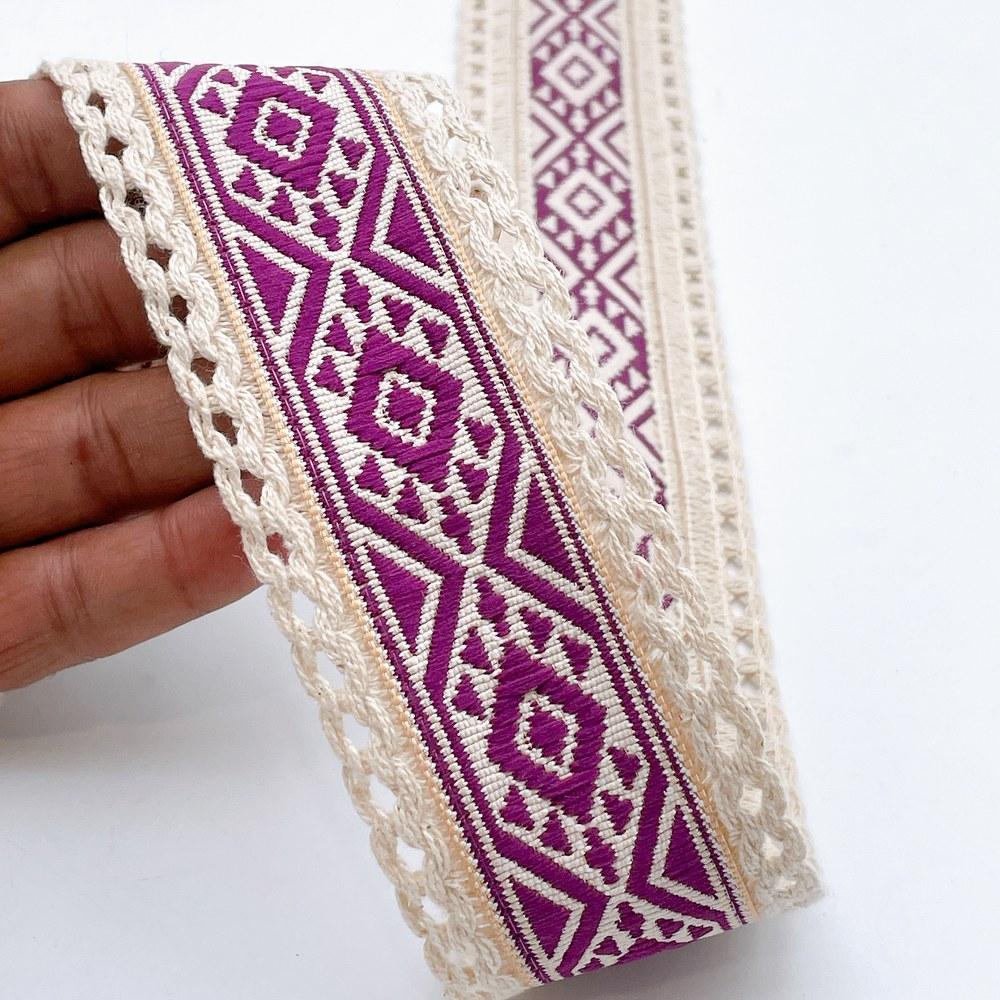 50mm Jacquard Ribbon Trim with Cotton Frill - Woven Geometric Border for Ethnic Wear, shown on white cotton