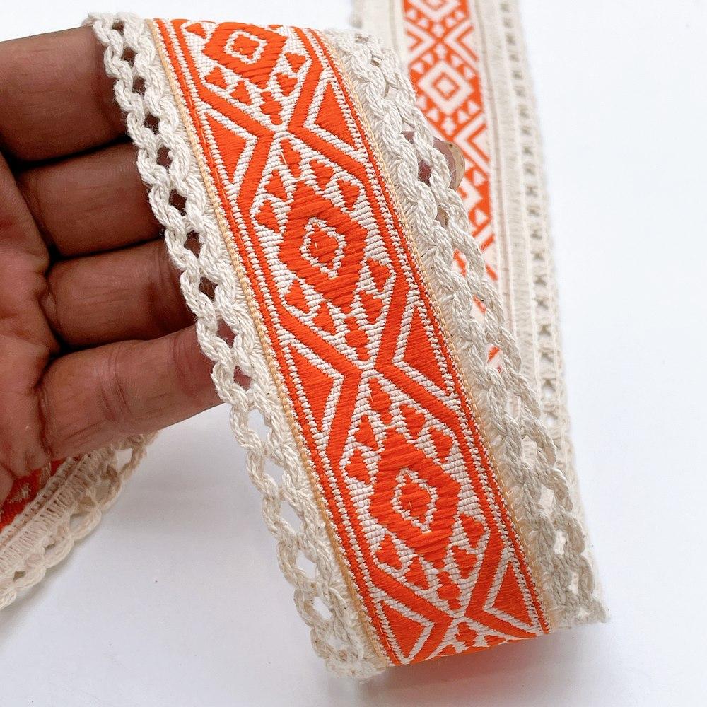 50mm Jacquard Ribbon Trim with Cotton Frill - Woven Geometric Border for Ethnic Wear, shown on white cotton