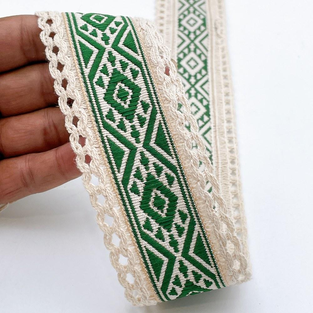 50mm Jacquard Ribbon Trim with Cotton Frill - Woven Geometric Border for Ethnic Wear, shown on white cotton