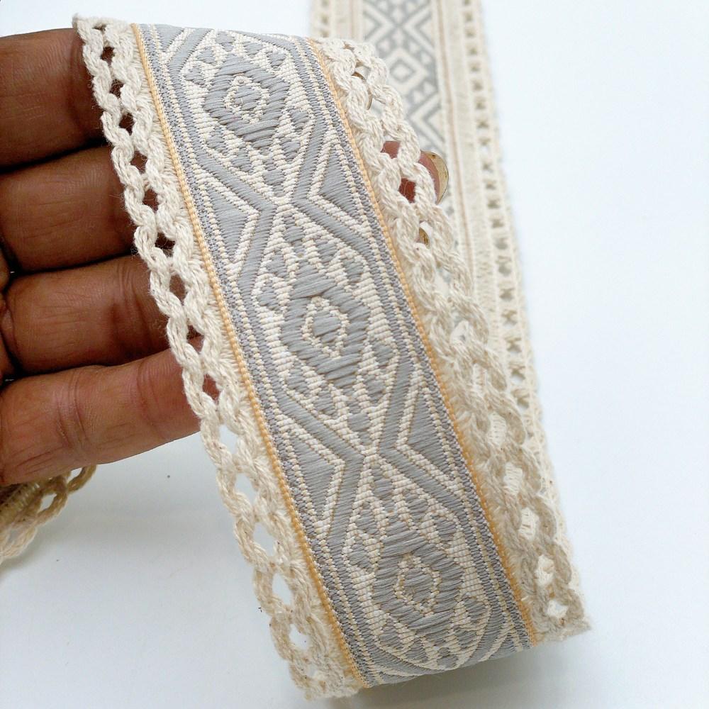 50mm Jacquard Ribbon Trim with Cotton Frill - Woven Geometric Border for Ethnic Wear, shown on white cotton