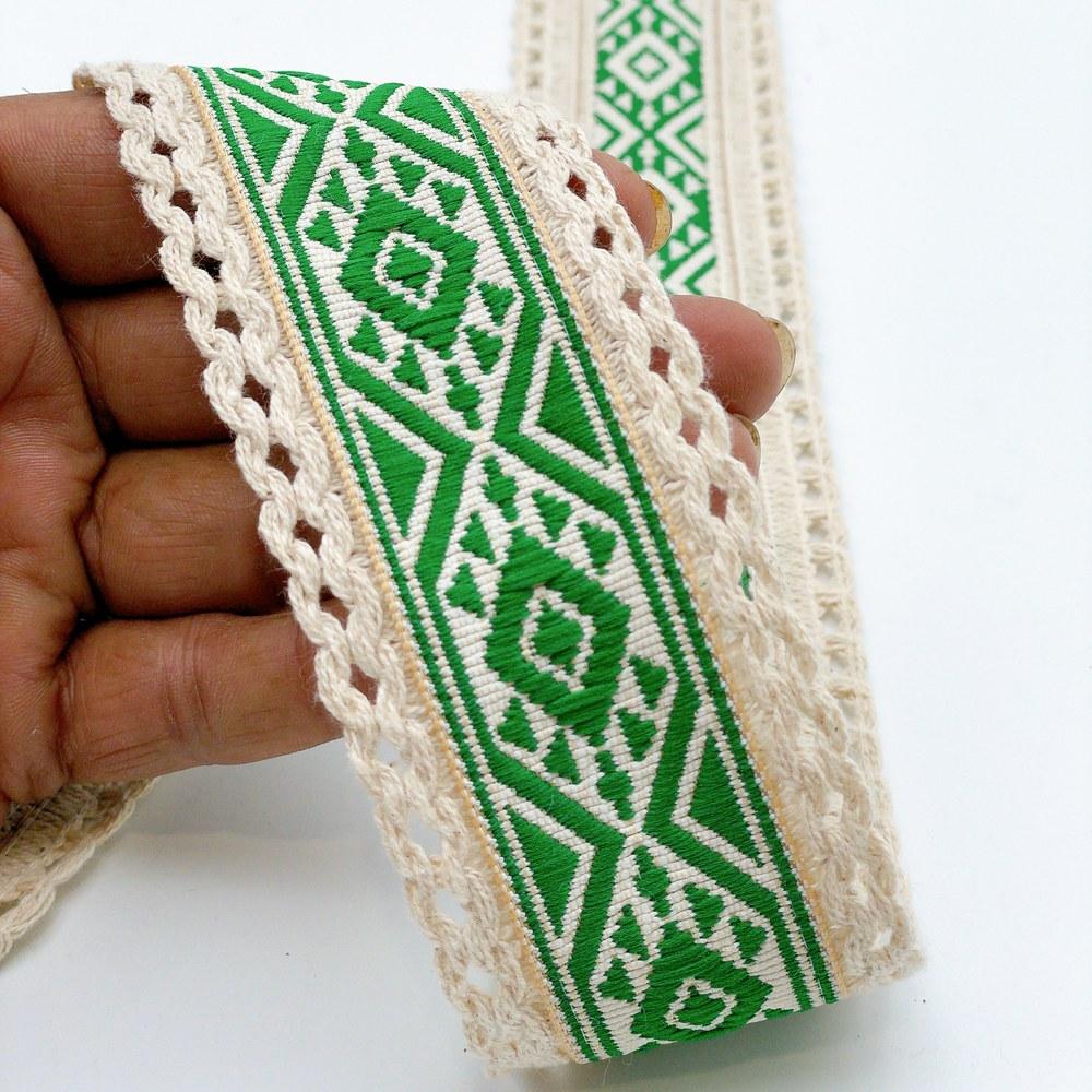 50mm Jacquard Ribbon Trim with Cotton Frill - Woven Geometric Border for Ethnic Wear, shown on white cotton