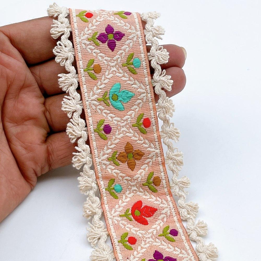 55mm Jacquard Ribbon Trim with Cotton Frill - Woven Geometric Border for Ethnic Wear, shown on white cotton