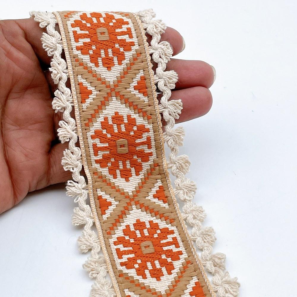 60mm Jacquard Ribbon Trim with Cotton Frill - Woven Geometric Border for Ethnic Wear, shown on white cotton