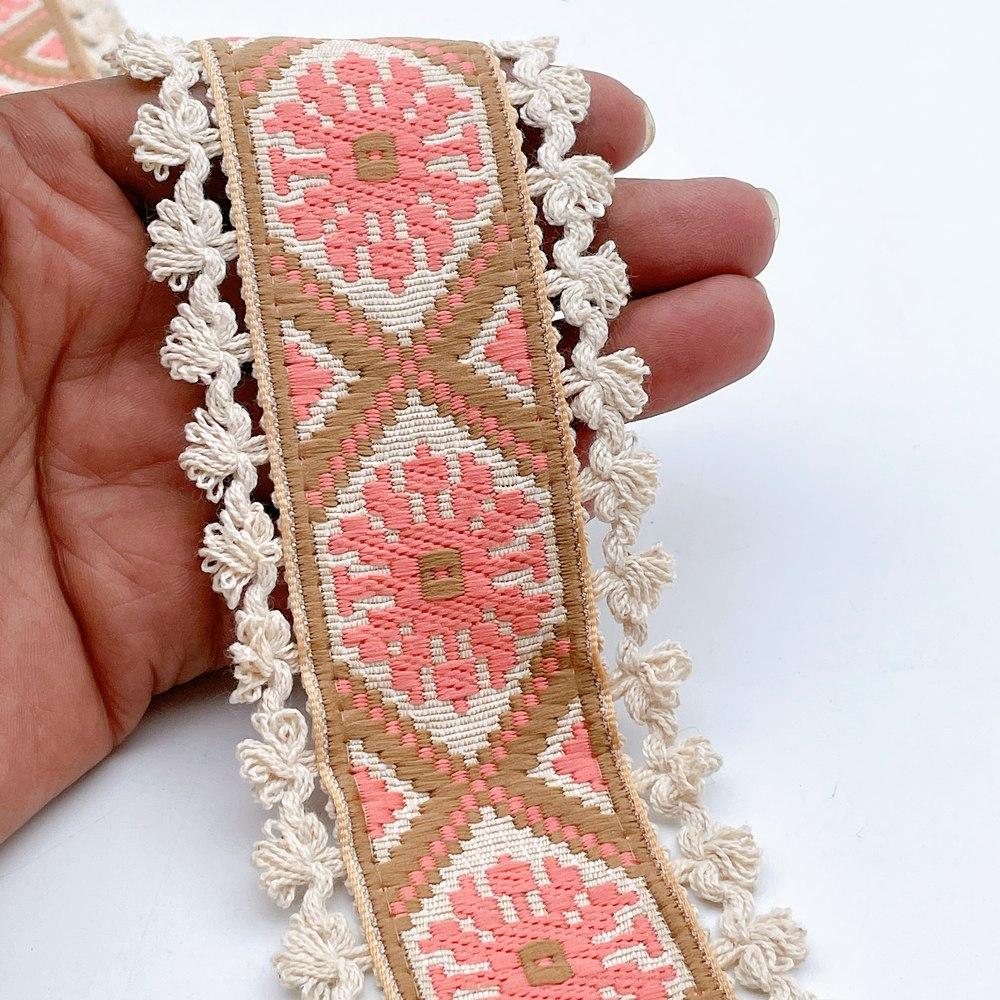 60mm Jacquard Ribbon Trim with Cotton Frill - Woven Geometric Border for Ethnic Wear, shown on white cotton